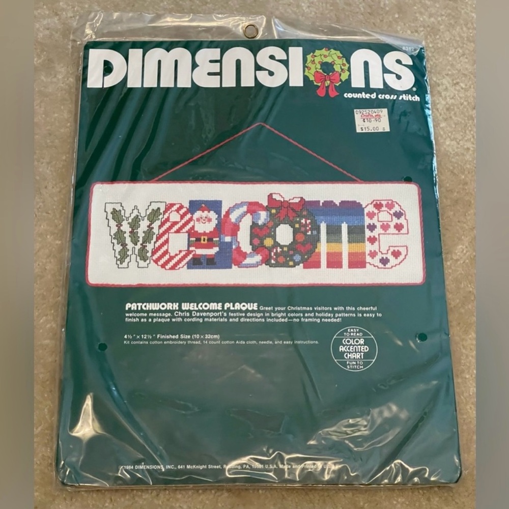 New - Vintage 1984 - Cross Stitch - Christmas - Dimensions Welcome Plaque